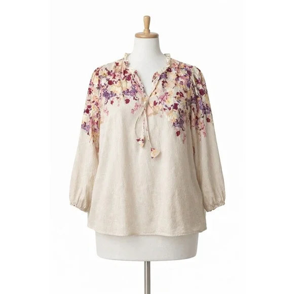 Como Black Woman 2X Floral Tie Neck Blouse Long Sleeve Rayon Beige - Picture 1 of 12